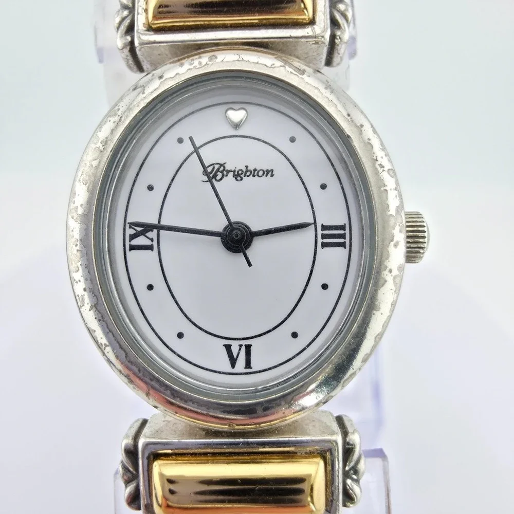 BRIGHTON 'Champagne' Watch Black Leather Band Scrollwork Gold Silver Plate 7.25